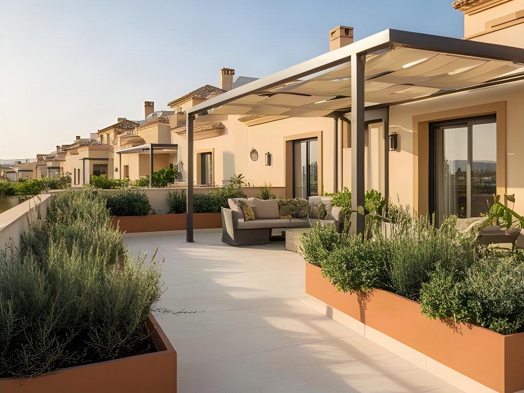 Terraza mediterránea terminada con pavimento claro, jardineras y zona de sombra en una vivienda de Murcia