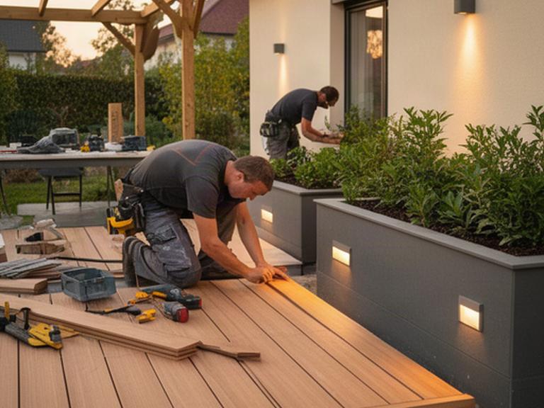 Equipo instalando tarima exterior junto a jardineras y luminarias en una terraza residencial