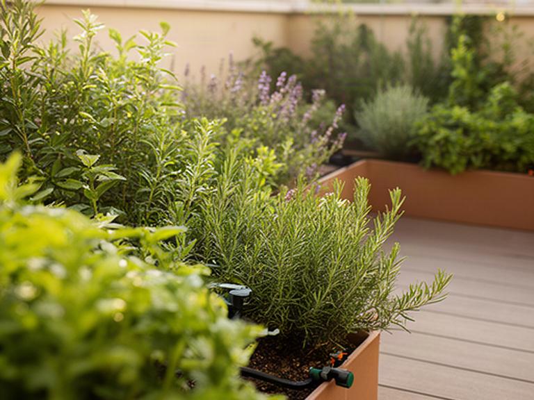 Zona verde de una terraza con plantas aromáticas, riego por goteo y tarima exterior limpia