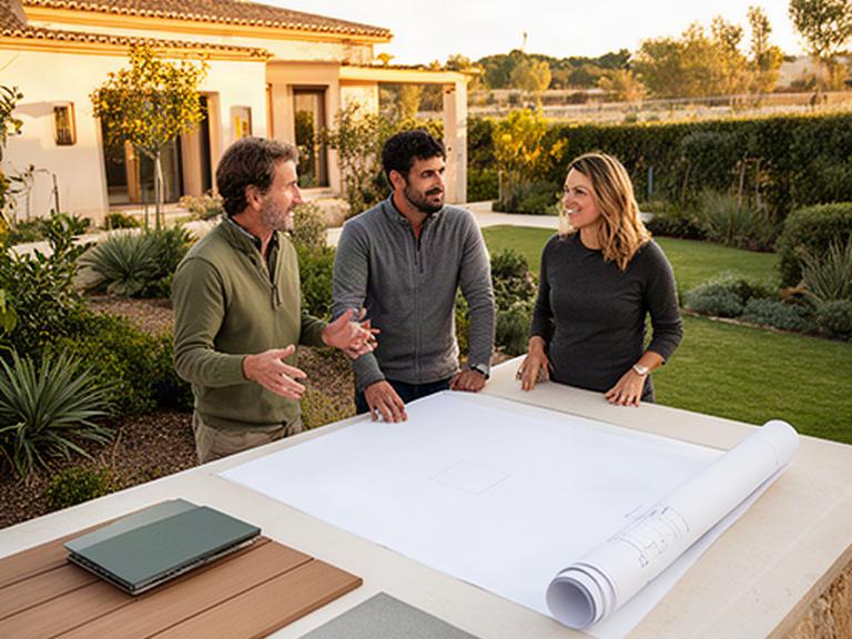 Equipo de profesionales revisando el diseño de una terraza ajardinada en una vivienda de la huerta de Murcia