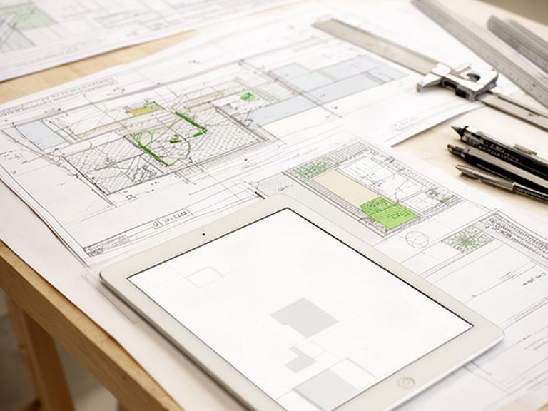 Planos técnicos de estructura y riego extendidos junto a una tablet con un diseño de terraza