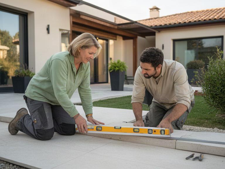 Cliente y profesional comprobando el nivel de una terraza exterior junto a una vivienda