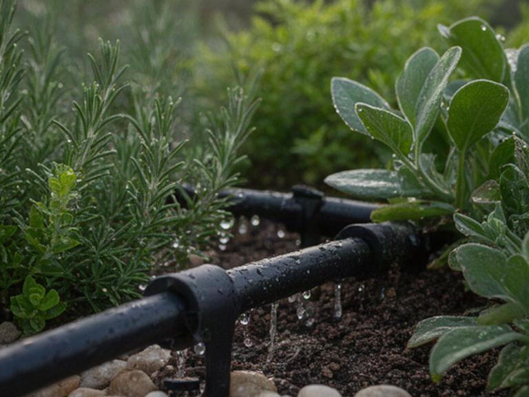 Sistema de riego por goteo funcionando entre plantas de un jardín mediterráneo