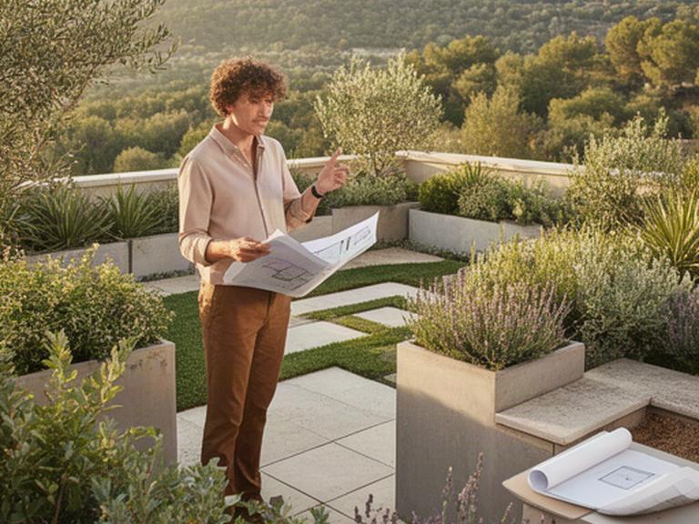 Profesional revisando el diseño de una terraza ajardinada junto a plantas mediterráneas en Murcia