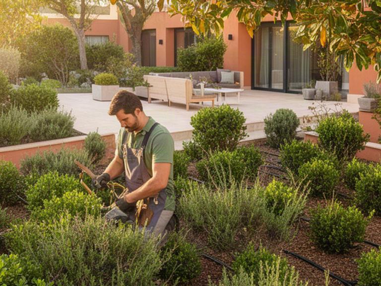 Jardinero manteniendo una zona verde junto a una terraza residencial en Murcia