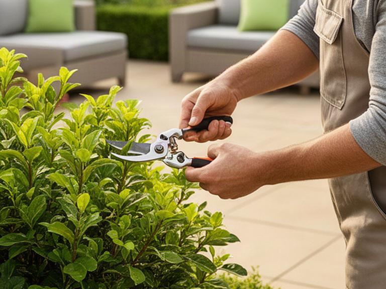 Profesional podando una planta ornamental junto a una terraza residencial cuidada