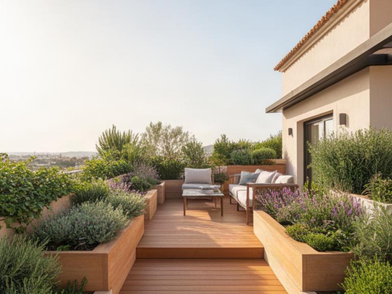 Terraza ajardinada de una vivienda en Murcia con pavimento de madera, jardineras y luz natural