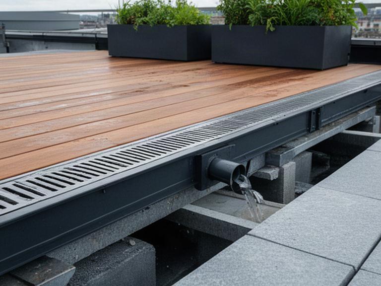 Canaleta oculta bajo una terraza elevada con deck de madera y desagüe integrado