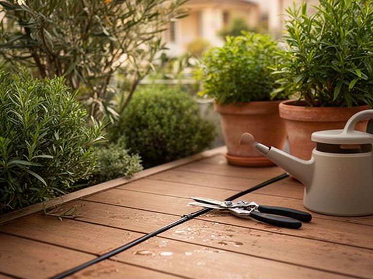 Detalle de tarima exterior y plantas de terraza preparados para una revisión de mantenimiento