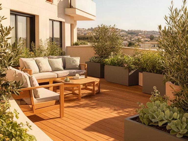Terraza de vivienda en Murcia con tarima limpia, mobiliario exterior y vegetación saludable