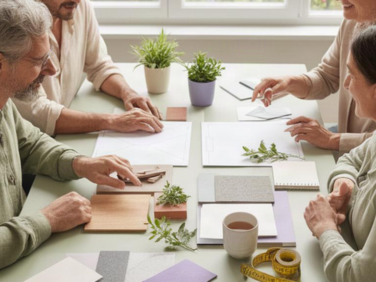 Reunión para planificar una terraza residencial con muestras de suelo exterior y plantas sobre la mesa