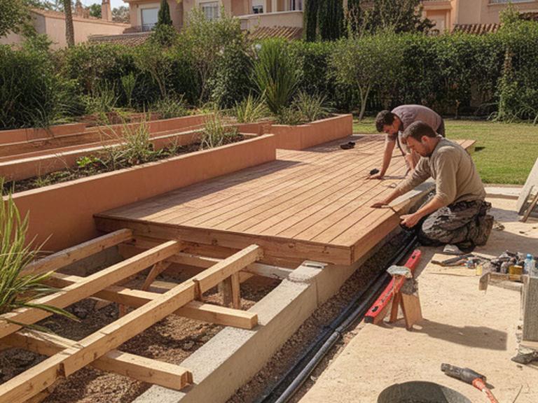 Equipo instalando una terraza de madera junto a jardineras y un sistema de riego en Murcia