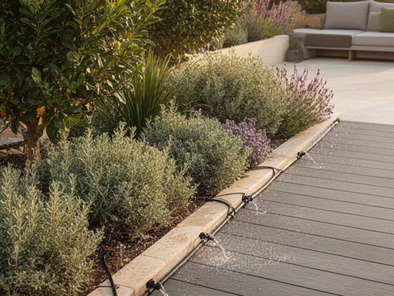 Jardinera mediterránea y sistema de riego por goteo junto a una terraza de composite