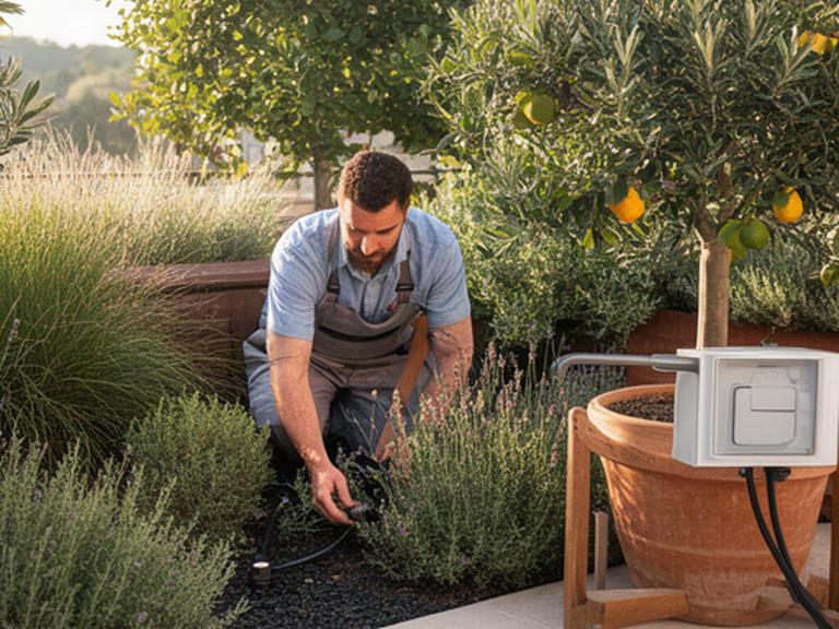 Jardinero realizando mantenimiento de plantas y riego por goteo en una terraza mediterránea de Murcia