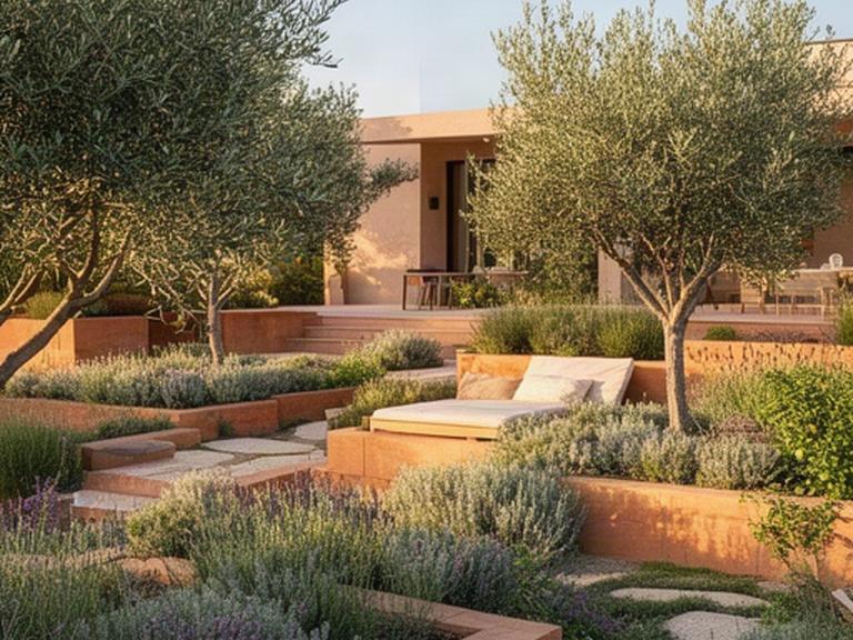 Jardín mediterráneo finalizado con árboles ornamentales, parterres y jardineras integradas