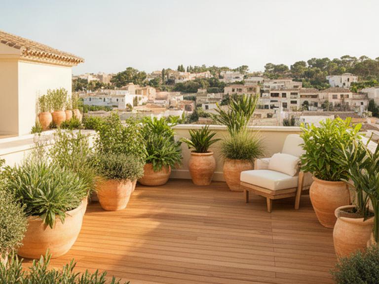 Detalle de una terraza ajardinada en Murcia con madera, plantas mediterráneas y luz natural