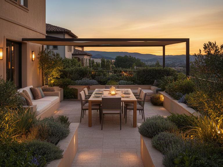 Terraza terminada con pérgola, pavimento cálido y vegetación mediterránea en una vivienda de la Región de Murcia