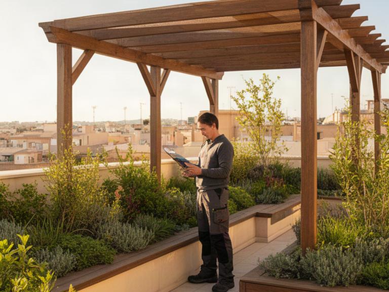 Profesional revisando una terraza ajardinada con pérgola y plantas en Murcia