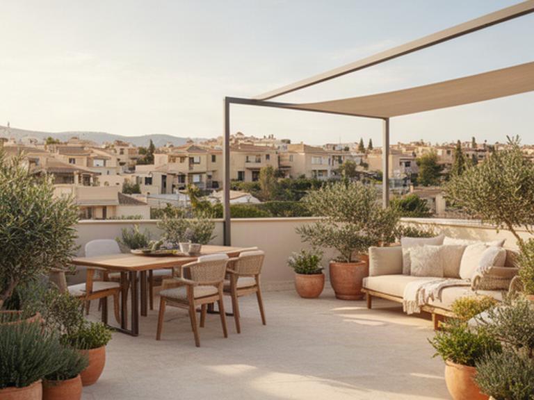 Terraza residencial en Murcia con zona de comedor, plantas mediterráneas y suelo de piedra clara