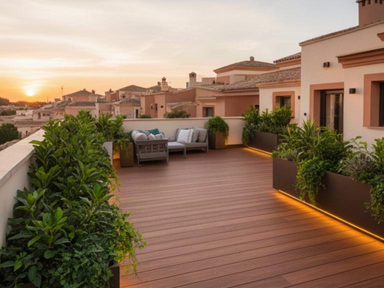 Terraza terminada en Murcia con tarima de composite, jardineras verdes y luz cálida al atardecer