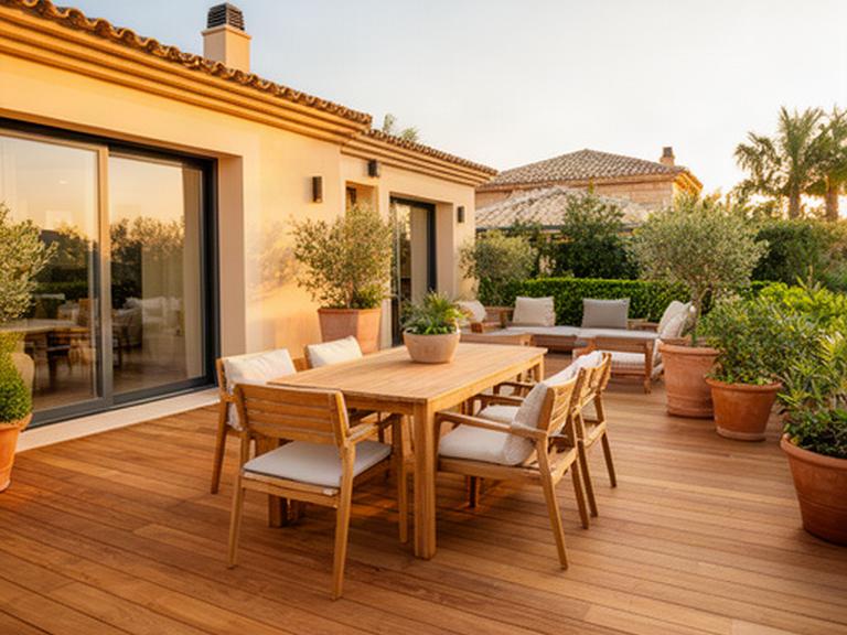 Terraza de madera con comedor exterior, plantas mediterráneas y luz cálida en una vivienda de Murcia