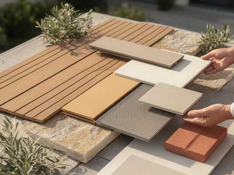 Muestras físicas de madera, composite, piedra natural y cerámica colocadas en una terraza