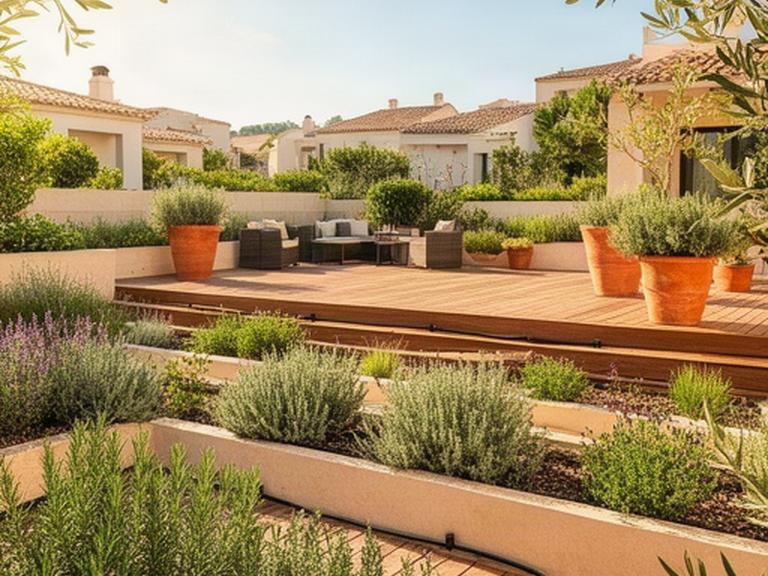 Terraza mediterránea cuidada con plantas aromáticas, tarima limpia y riego por goteo