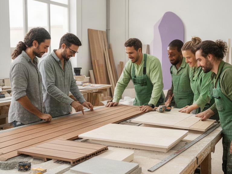 Equipo de construcción trabajando en un taller de terrazas de Murcia junto a muestras de madera y piedra
