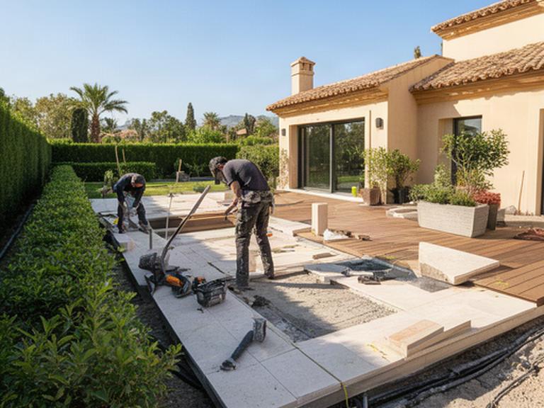 Equipo instalando una terraza exterior con estructura, pavimento y vegetación en una casa de Murcia