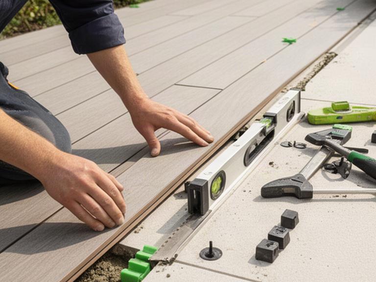 Detalle de la instalación de suelo exterior sobre una terraza con herramientas y nivelación profesional