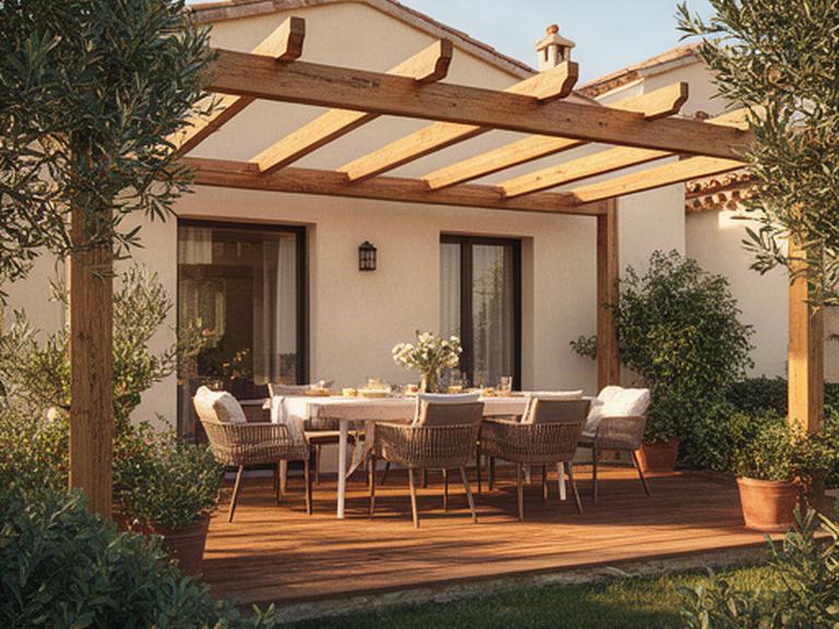 Comedor exterior terminado con pérgola de madera, plantas y tarima junto a una vivienda en Murcia