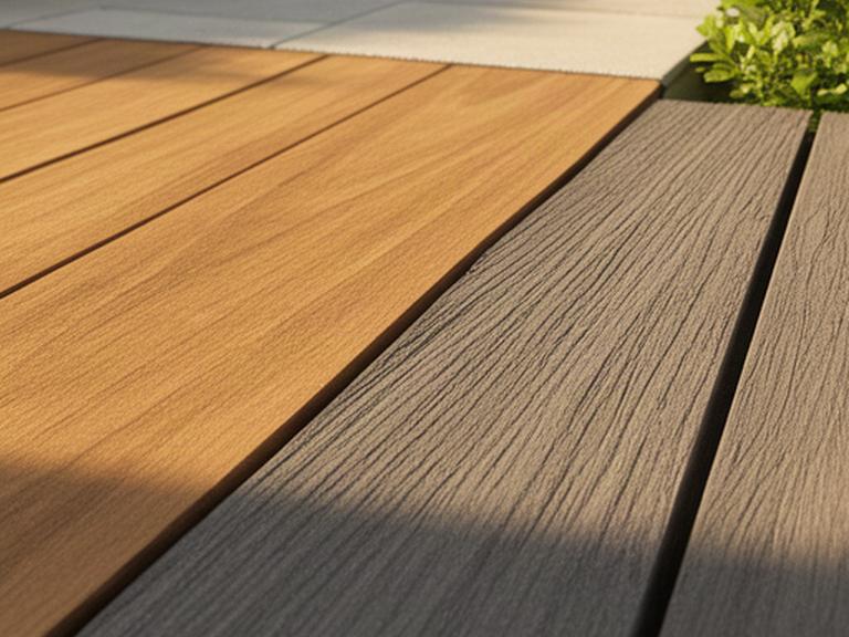 Detalle de tarima de madera y composite instaladas en una terraza exterior con luz natural