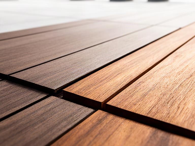 Detalle de tarima de composite color nogal junto a madera de ipe en una terraza luminosa