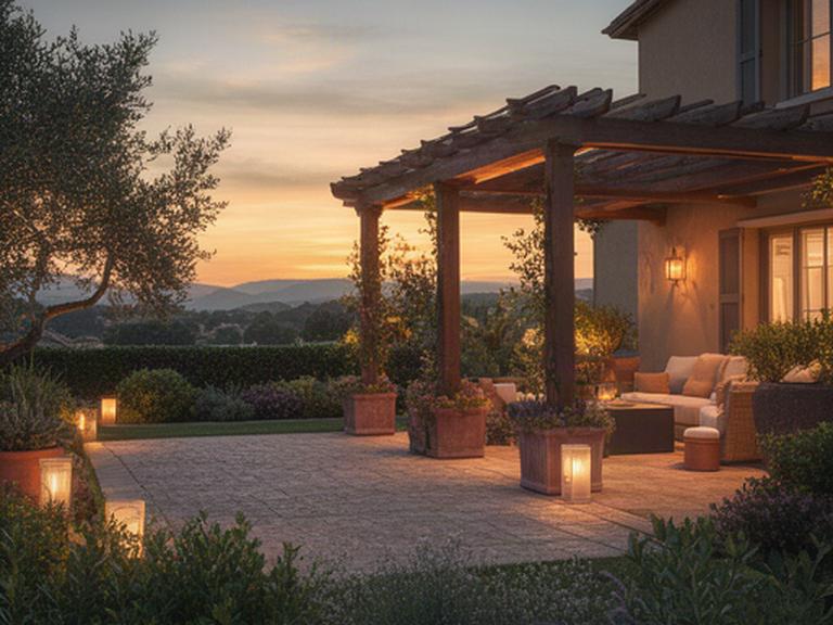 Proyecto terminado de terraza con pérgola, iluminación cálida y jardín mediterráneo al atardecer