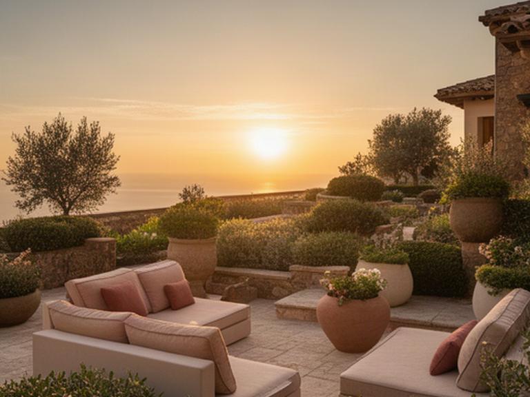 Terraza mediterránea acabada al atardecer con vegetación cuidada y espacio de descanso