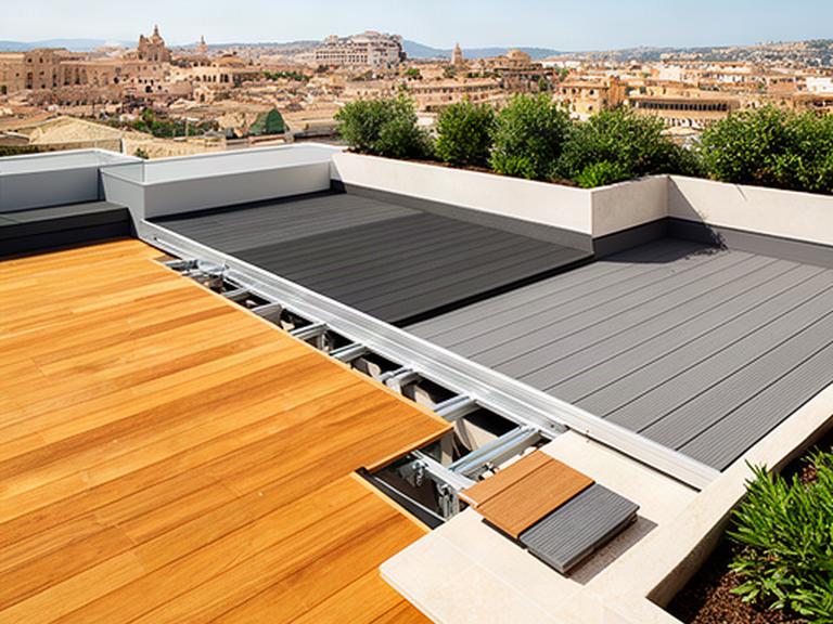 Tres acabados de terraza exterior con madera natural, composite y tarima elevada sobre una azotea