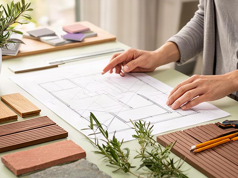Diseñadora revisando planos de una terraza con muestras de madera y plantas mediterráneas