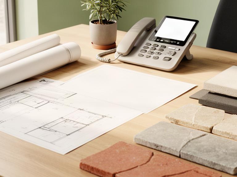 Mesa de atención con planos de terraza, teléfono y muestras de pavimento exterior