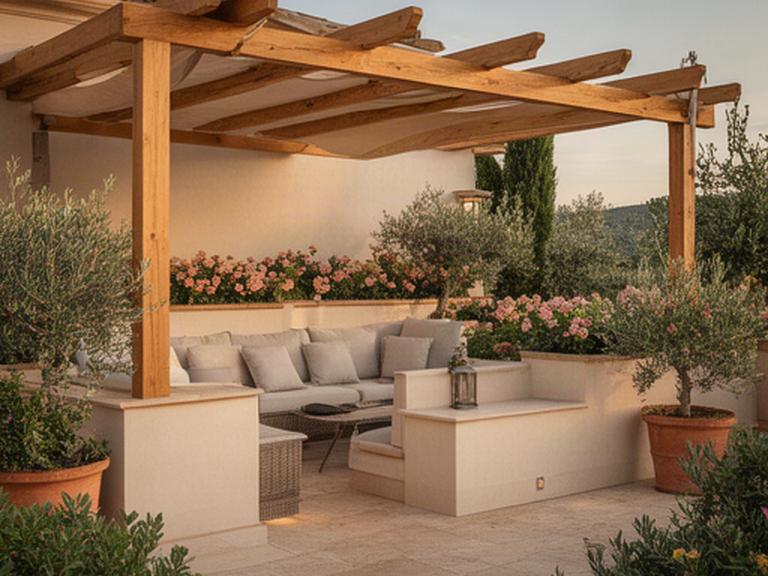 Proyecto de terraza con pérgola de madera, jardineras integradas y zona de estar exterior