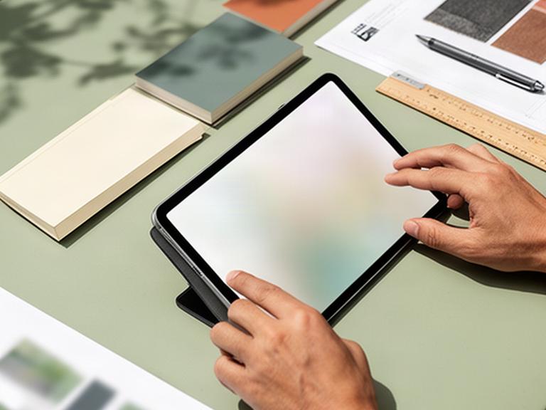 Manos consultando una tableta junto a documentos de planificación de un jardín exterior