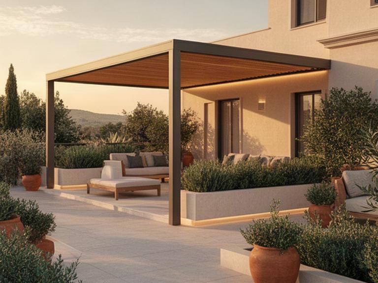 Render 3D fotorrealista de una terraza con pérgola, iluminación cálida y jardineras