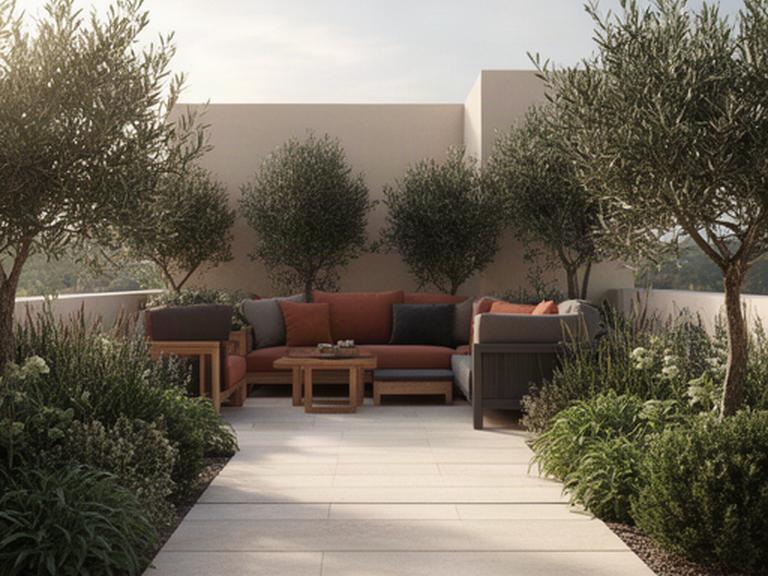 Terraza terminada con zona de estar, pavimento exterior y riego integrado