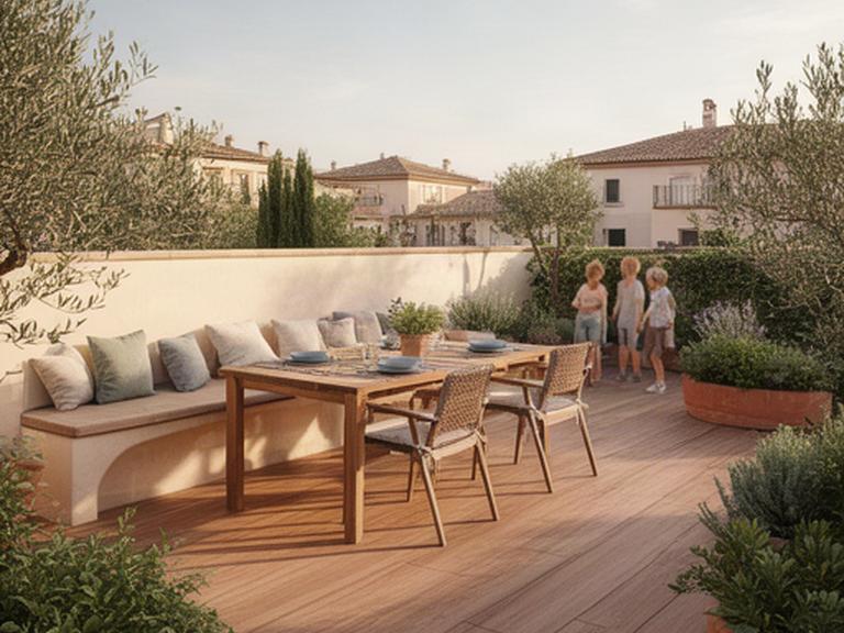 Terraza finalizada en Murcia con zona de comedor, banco de obra y vegetación mediterránea