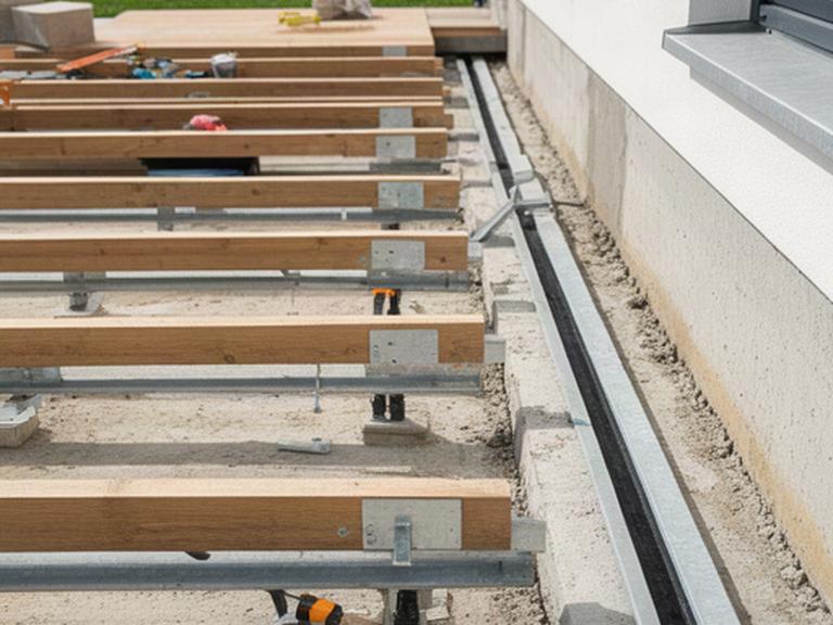 Instalación de estructura nivelada y canal de drenaje bajo una terraza en una vivienda de Murcia