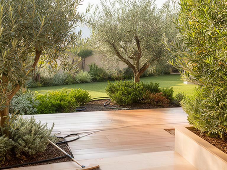 Zona verde y terraza exterior mantenidas con plantas podadas, pavimento limpio y riego localizado