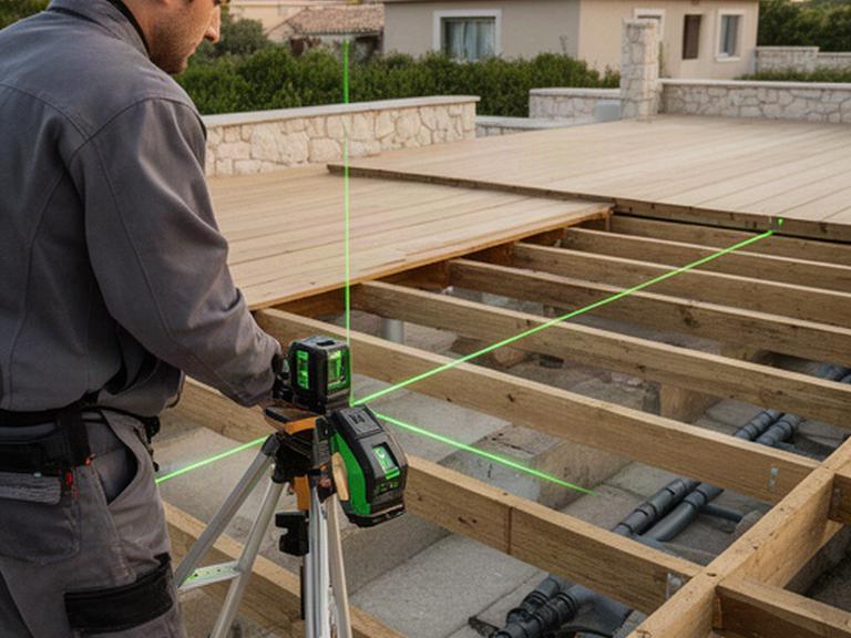 Profesional midiendo con láser la subestructura de una terraza antes de colocar las lamas