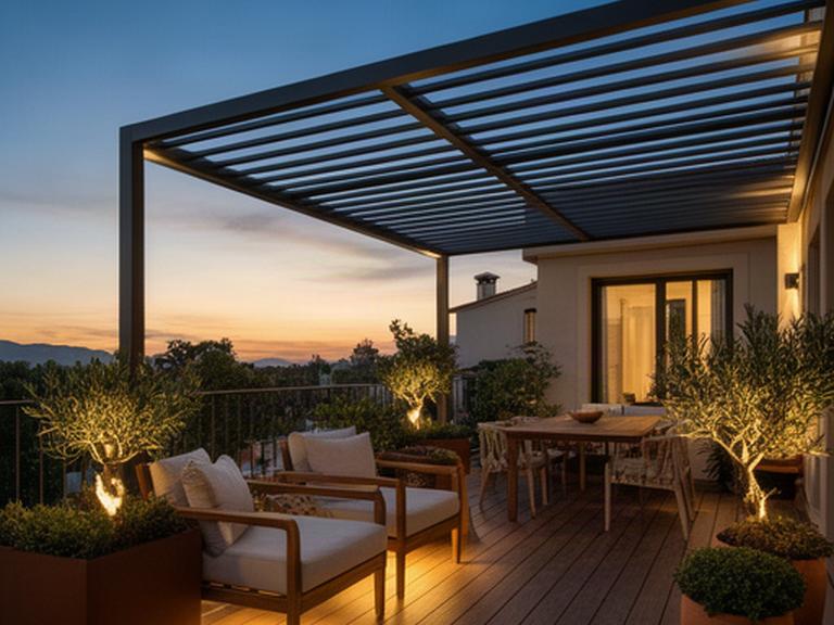 Terraza de diseño al atardecer con pérgola de aluminio, iluminación indirecta y plantas en macetas