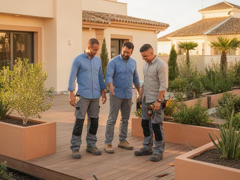 Equipo de profesionales revisando una terraza ajardinada terminada en una vivienda de la Región de Murcia