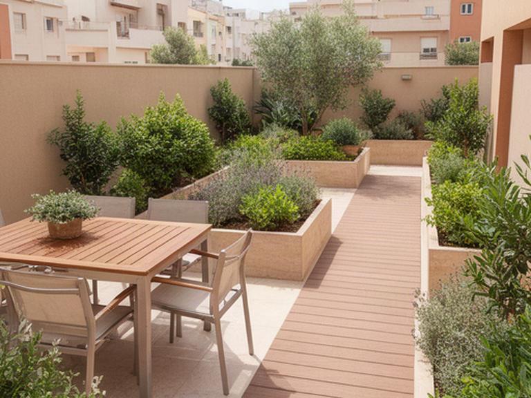 Patio residencial en Murcia dividido en zona de comedor, jardineras y paso de tarima exterior