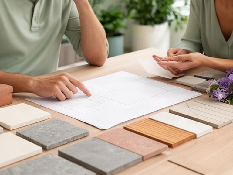 Reunión de planificación de un jardín con muestras de materiales y planos de obra
